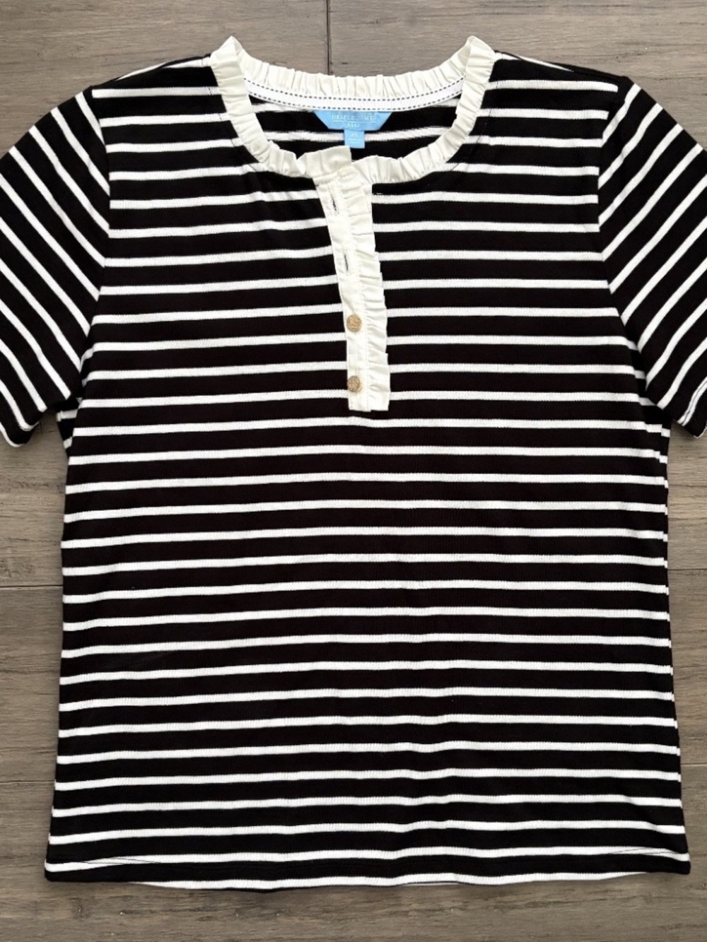 Draper James RSVP Women's XS Black White Striped Ruffle Henley Shirt 100% Cotton